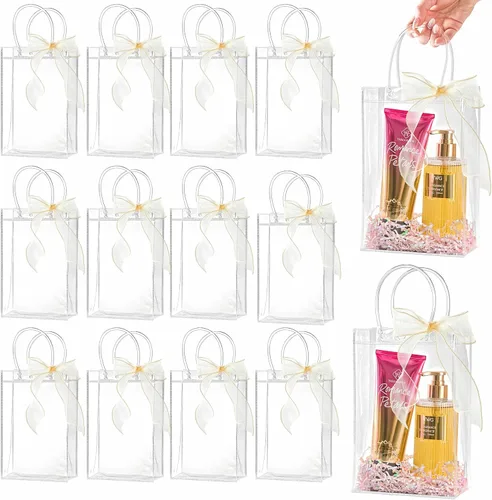 Ohuimrt 20 bolsas de regalo de plástico transparente con asas, bolsas de recuerdo para fiestas reutilizables con cinta, bolsas de regalo