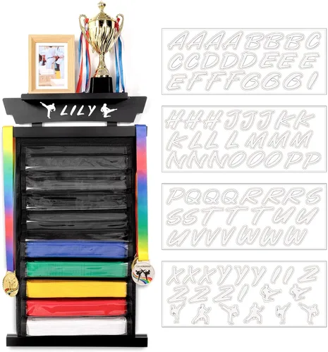 Vista 10 de Tilhumt 10/12 Belts Karate Belt Display Rack with Photo Shelf, Felt Taekwondo Belt Display Rack Martial Arts Belt Display for Adults TKD, BJJ