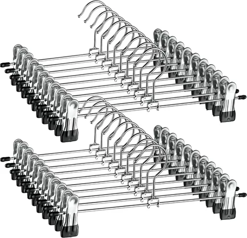 ZOBER Perchas de metal para pantalones con clips, paquete de 20 perchas para faldas que ahorran espacio para mujer, cromadas, antideslizantes, clips
