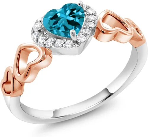 Gem Stone King Anillo de plata de ley 925 de 2 tonos para mujer, topacio azul Londres, 0.71 quilates, forma de corazón (disponible 5, 6, 7, 8, 9),