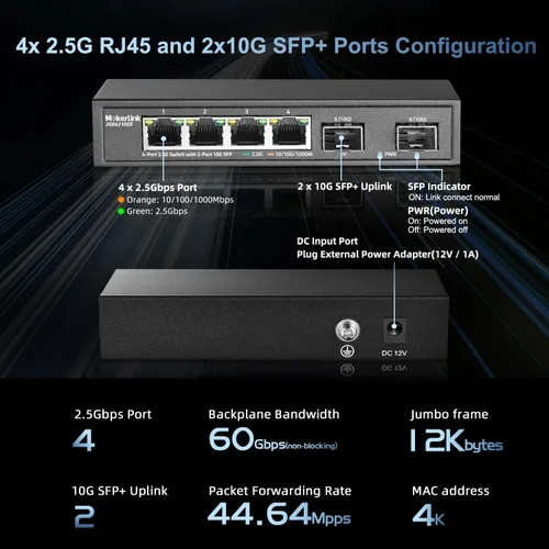 Vista 4 de MokerLink Switch Ethernet de 4 puertos 2.5G con SFP 2x10G, 4 puertos Base-T de 2.5G compatibles con 10/100/1000Mbps, conmutador de red sin