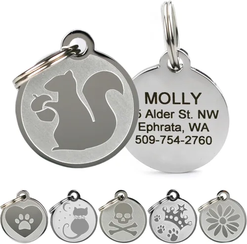 Vista 14 de Placas personalizables para mascotas, de acero inoxidable, para perros y gatos. Grabado personalizable con cuatro líneas de texto, elegante