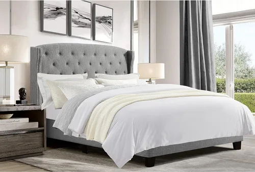 Vista 9 de Rosevera Essential - Base de cama de plataforma con cabecera capitoné tapizada de tela, soporte de listones de madera, fácil montaje, tamaño King