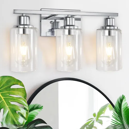 Vista 8 de Lámparas de pared doradas para baño de latón cepillado, lámparas de pared modernas de 3 luces con apliques de vidrio transparente, lámpara de pared