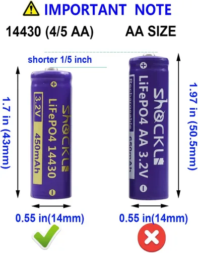 Vista 5 de (2 unidades Shockli 14430 3.2V 450mAh LiFePO4 batería solar recargable para luz solar de jardín al aire libre【más corto que AA!】