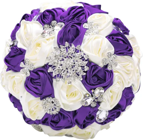 Vista 21 de Sharebeauty Ramo de novia de satén hecho a mano de 7.9 pulgadas, ramo de boda, ramo de flores artificiales