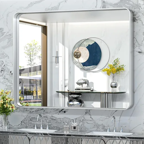 Vista 90 de TokeShimi Espejo de pared de baño de níquel cepillado de 20 x 30 pulgadas, marco de metal, esquina redonda, rectangular, para decoración del hogar