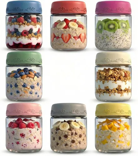 Vista 12 de Paquete de 4 de 10 OZ, Tarros para Avena Nocturna con Tapas, Recipientes de Vidrio para Preparación de Comidas, Tarros Mason Herméticos