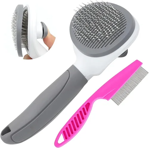 Vista 7 de Cepillos para gatos de interior, cepillo para perros para muda de pelo con peine metálico para gatos, cepillo autolimpiante para pelo de mascotas