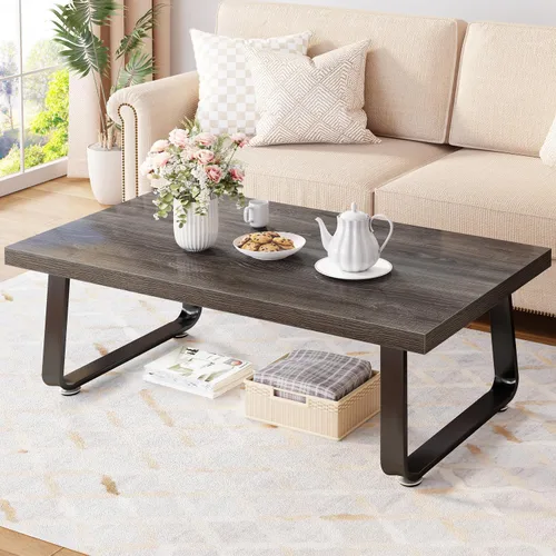 Vista 14 de HSH Mesa de café negra moderna, mesa de centro de madera rústica y metal, mesas de café sencillas de estilo granja para sala de estar, mesa de té