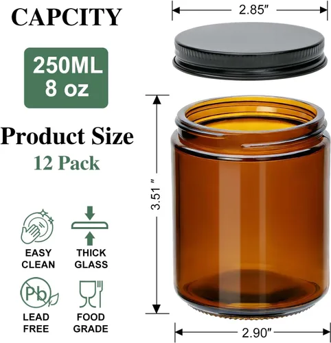 Vista 2 de Juego de tarros de vela ámbar de 8 onzas, Juego de 12, Tarro de vidrio redondo con tapas negras, Tarros de vidrio vacíos de 250 ml para hacer velas