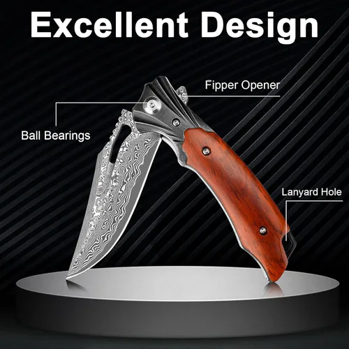 Vista 5 de Cuchillo de bolsillo de damasco Zingbee para hombres y mujeres, cuchillo plegable con mango de madera con funda, cuchillos de bolsillo de 3.15