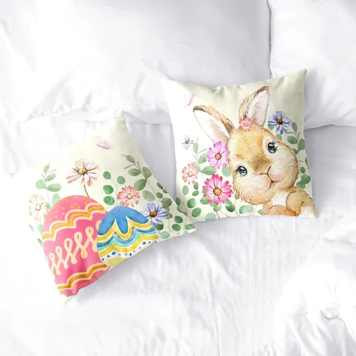Vista 6 de Juego de 2 fundas de almohada de Pascua de conejo de 18 x 18 pulgadas, fundas de almohada de flores rojas coloridas, fundas de almohada de huevo