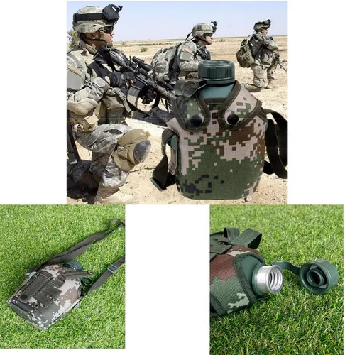 Vista 6 de Jadedragon Botella de agua militar para cantina, de aluminio reforzado con funda de nailon para cinturón, botellas de agua portátiles con correa