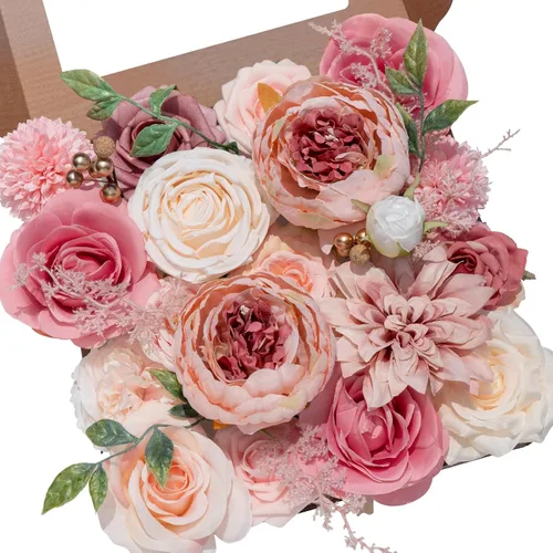 Vista 13 de Serwalin Flores artificiales de seda rosa polvoriento, flores falsas para bricolaje, ramos de boda, flores de pastel, decoración de primavera