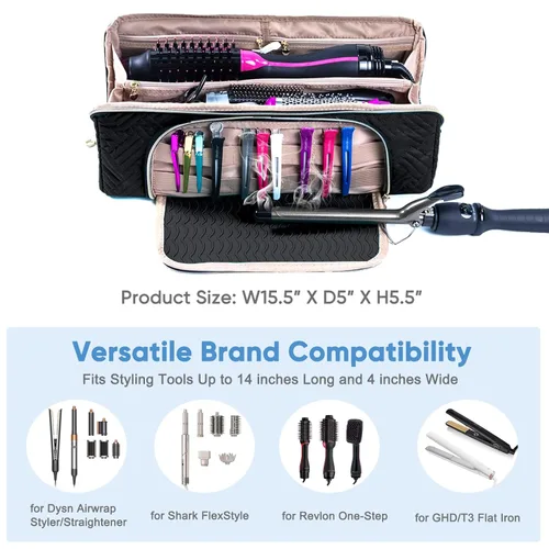 Vista 3 de Bolsa de Viaje Grande para Herramientas de Cabello con Alfombrilla para Plancha - Organizador de Herramientas de Cabello 2 en 1 para Cepillo Secador