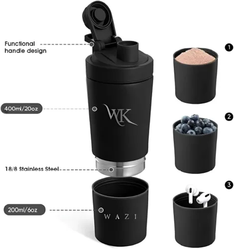 Vista 3 de WAZI Klean - Botella agitadora aislada de acero inoxidable de 20 onzas / 20.3 fl oz con compartimento de almacenamiento, tapa de mezcla silenciosa a