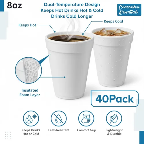 Vista 2 de Concession Essentials Vasos de espuma, desechables para bebidas calientes y frías, tazas aisladas para llevar, 8 onzas, fabricadas en Estados