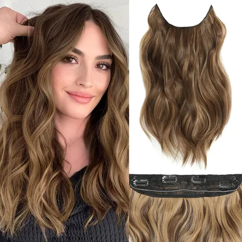 Vista 40 de Extensiones de cabello tipo halo de 20 pulgadas, extensiones de cabello con alambre invisible ajustable, largo, ondulado, sintético, mejorado, 4