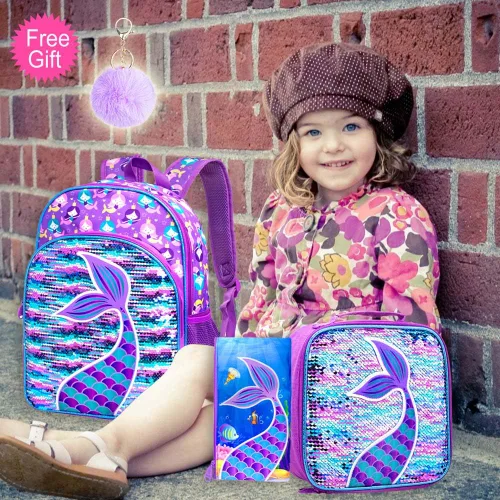 Vista 2 de AGSDON 3 mochilas infantiles para niñas, 16 pulgadas, sirena, lentejuelas, preescolar, para libros y loncheras