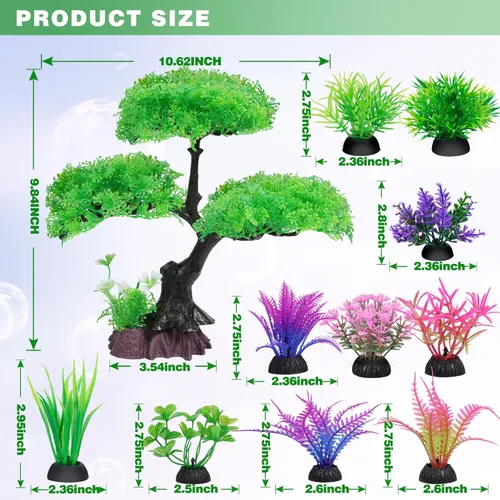 Vista 2 de Ameliade Plantas Artificiales de Plástico para Decoración de Acuario, Set de Decoración de Árbol para Acuario, Decoraciones para Pecera de Peces