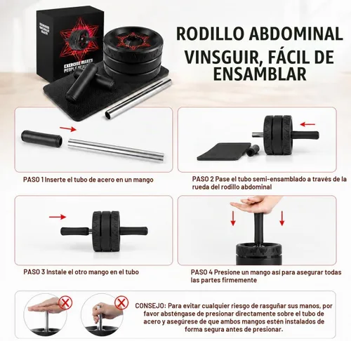 Vista 7 de VINSGUIR Rueda de rodillo abdominal, abdominales y equipo de entrenamiento para gimnasio en casa con accesorios para rodilleras, rueda abdominal