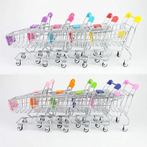 Vista 6 de 2 PC Mini Carrito de la compra Pequeño Carrito de Supermercado Metal Compras Utilidad Supermercado Carro de Mano, Amarillo y Rosa