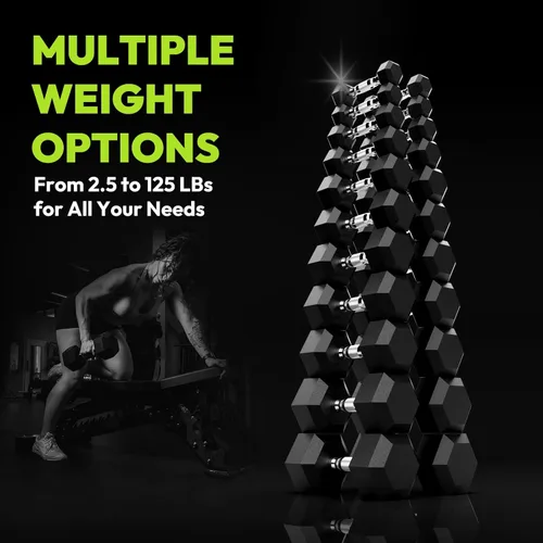 Vista 8 de HANDBODE Rubber Coated Hex Dumbbell Set with A-Frame Rack, 100 lb - 550 lb Multiple Options Weight, Hexagon Non-Rolling Shape, Ergonomic Knurled