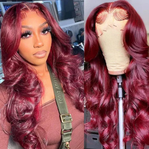 Vista 14 de Pelucas de cabello humano con encaje frontal color borgoña 99j de 13 x 6, densidad del 200 %, pelucas de encaje frontal HD 99j de color rojo