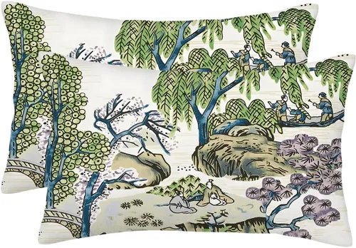 Vista 14 de Juego de 2 fundas de almohada florales bohemias de 16 x 16 pulgadas, fundas de almohada de lino con estampado de bloques azules estilo campestre