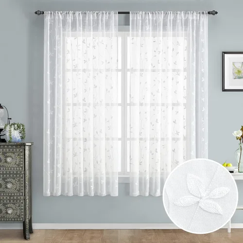 Vista 46 de HOMEIDEAS Cortinas traslúcidas amarillas de 84 pulgadas de largo, 2 paneles de cortinas bordadas con patrón floral amarillo y blanco, cortinas