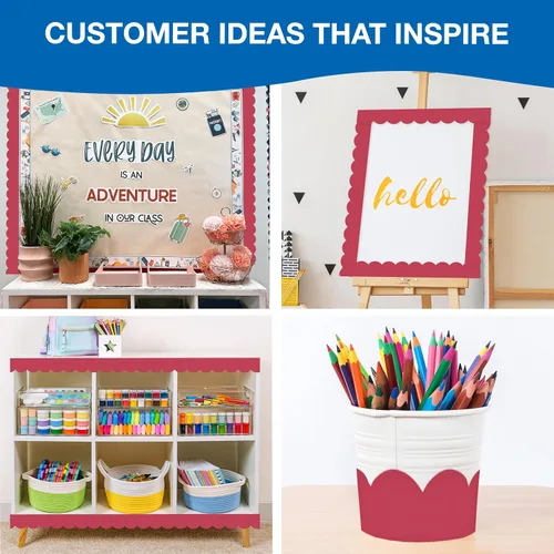 Vista 6 de Carson Dellosa 65 pies de bordes rojos de frambuesa para tablón de anuncios, 1 rollo de borde festoneado para pizarra enrollable, corcho