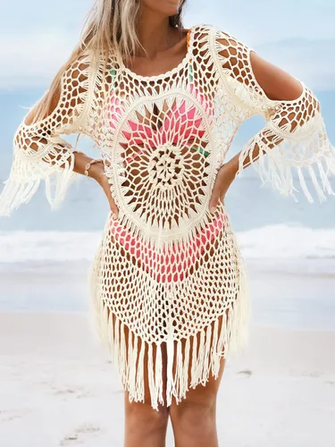 Vista 4 de CUPSHE - Traje de baño tejido de ganchillo con borla para mujer, hueco, manga tres cuartos