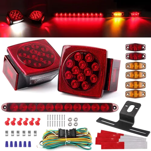 Kit de luz LED de 12V para remolque, 2x luz de parada, giro y cola LED cuadrada, luces de placa de matrícula y marcha con arnés de cableado de 25
