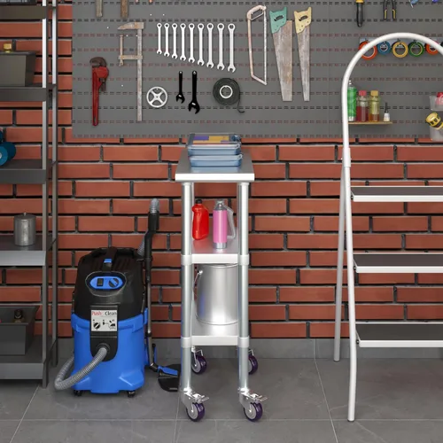 Vista 8 de Mesa de trabajo de acero inoxidable con 2 estantes con ruedas Mesa de utilidad de metal Mesa de utilidad NSF comercial y residencial