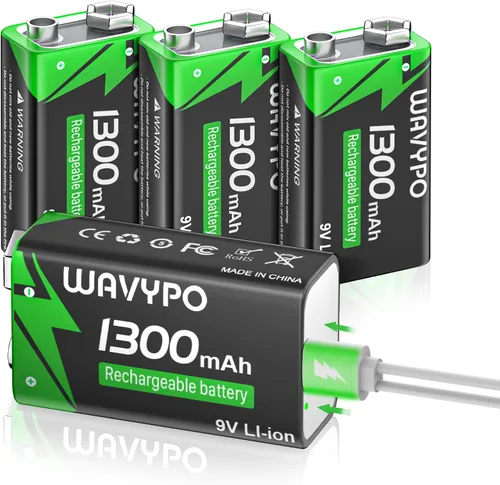 Vista 8 de WAVYPO Paquete de 2 baterías recargables de 9 V de 1300 mAh, baterías de iones de litio de 9 voltios de larga duración con cable de carga rápida