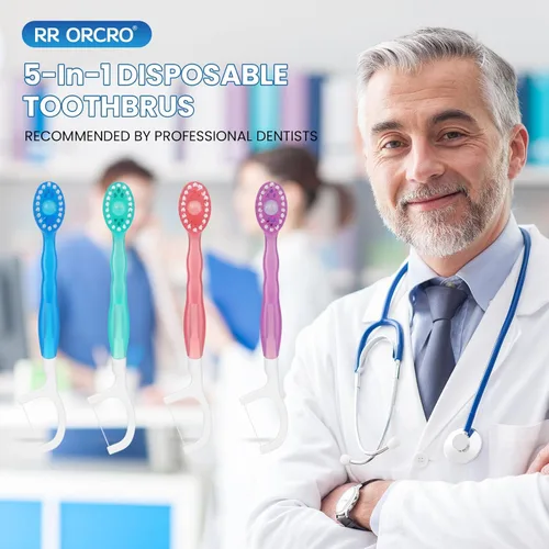 Vista 9 de Paquete de 10 cepillos de dientes desechables con pasta de dientes 5 en 1, mini cepillo de dientes de viaje con raspador de lengua + hilo dental +