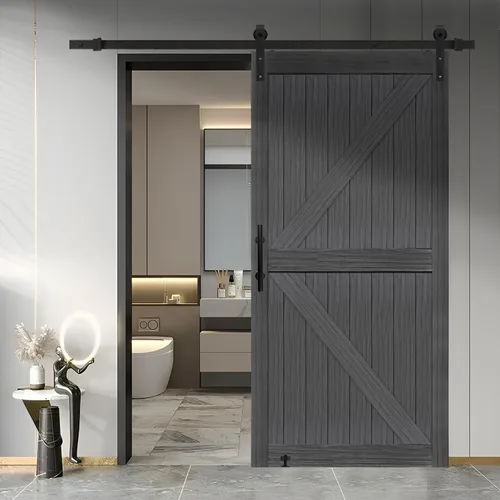 Vista 26 de S&Z TOPHAND® Puerta de granero doble de MDF de 18 x 84 pulgadas con kit de herrajes para puerta corredera de 6 pies, tablero sólido de puerta