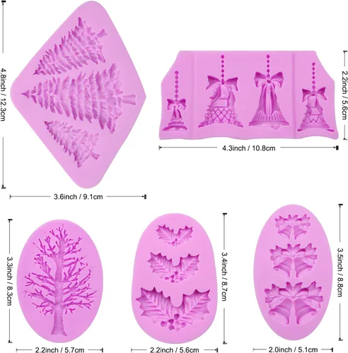 Vista 2 de Molde de silicona para árbol de pino, moldes de fondant de campanas de Navidad, molde para hornear chocolate con hojas de acebo para decoración
