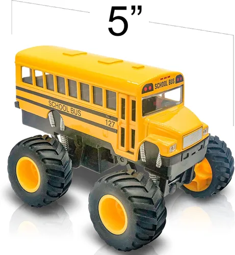 Vista 2 de ArtCreativity Autobús escolar monstruo fundido a presión de 5 pulgadas, camión de juguete con mecanismo de retroceso con ruedas grandes, vehículo
