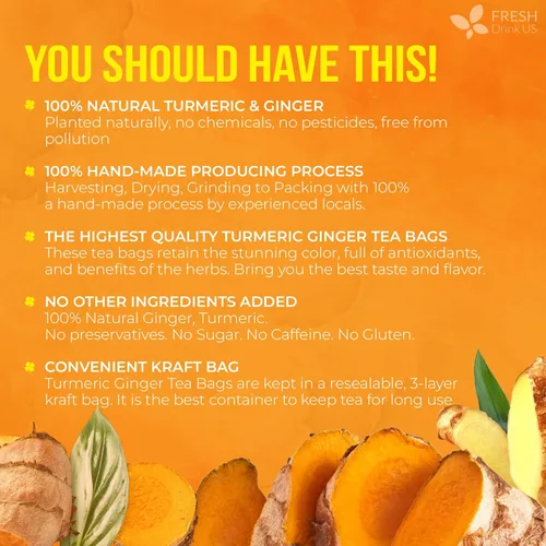 Vista 3 de FreshDrinkUS, 135 bolsas de té de jengibre y cúrcuma premium, ingredientes 100% naturales, mezcla hecha a mano de té de hierbas de cúrcuma