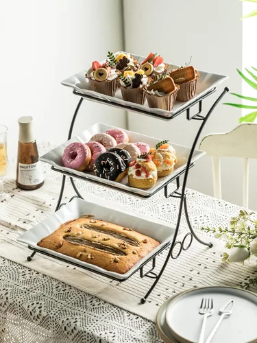 Vista 5 de YHOSSEUN Soporte de Bandeja Escalonada Grande, Juego de Horneado de Porcelana con Bandeja de Servir de 3 Niveles con Soporte para Servir, Servidor