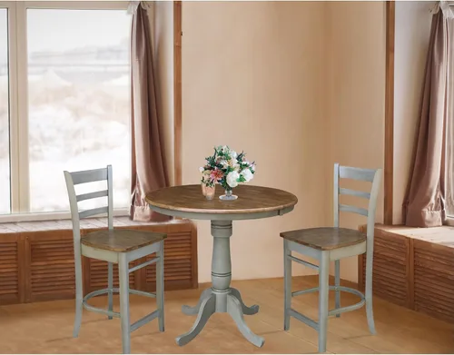 Vista 3 de IC INTERNATIONAL CONCEPTS Mesa de comedor redonda de 36 pulgadas con 2 taburetes, nogal envejecido/piedra Hickory/piedra envejecida