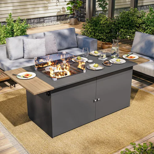 LAUSAINT HOME Mesa de fogata de gas para exteriores de 64 pulgadas, mesa de propano de 55,000 BTU para patio, patio trasero, cubierta, mesa de