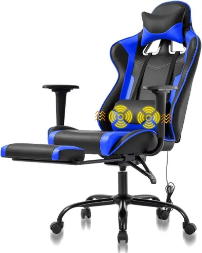 Silla de juegos de PC ergonómica con función de masaje azul, silla de oficina resistente, soporte lumbar con reposabrazos reposapiés y