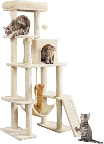 Yaheetech Árbol resistente de 54 pulgadas para gatos grandes, condominio de gatitos de varios niveles con postes rascadores, hamaca y percha Beige