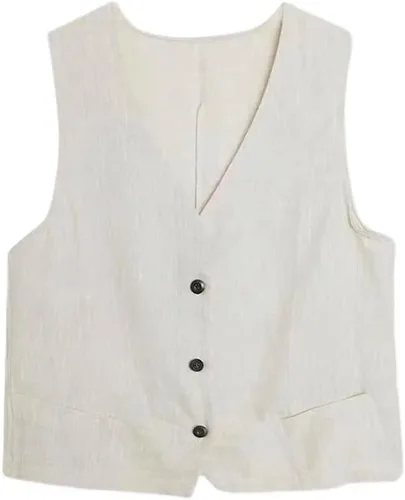 Vista 5 de IDEALSANXUN Chaleco de lino de algodón para mujer, casual, sin mangas, chaqueta ligera