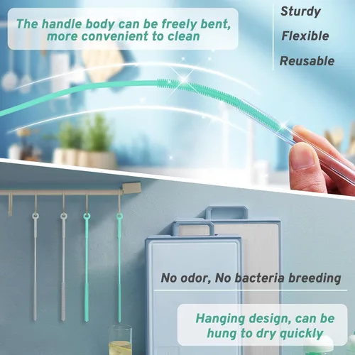 Vista 3 de Cepillo de silicona reutilizable, limpiador de pajilla, limpiapipas, cepillo limpiador extra largo para limpiar botellas, pajitas de vidrio
