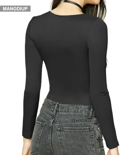 Vista 3 de MANGDIUP Bodysuit for Women Round Neck Scoop Neck Long Sleeve Stretch Tops Jumpsuit
