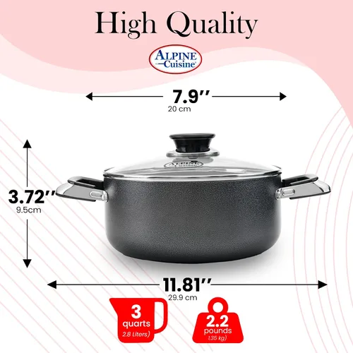 Vista 3 de Alpine Cuisine Olla antiadherente de 3 cuartos de galón con tapa de vidrio templado y asas de transporte, utensilios de cocina multiusos, horno